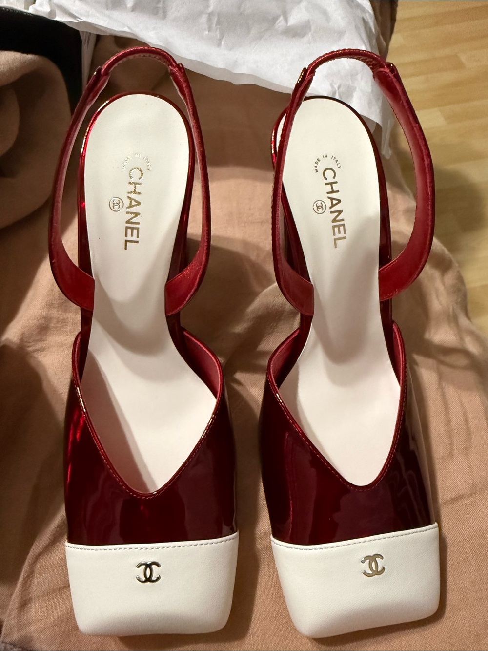 Chanel Red and White Slingback Pumps